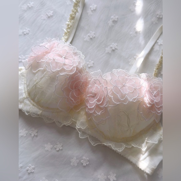 US-32C Japanese 3D Sakura Layers Floral Embroidered Bra & Panty Set Cute Pink - Picture 4 of 15